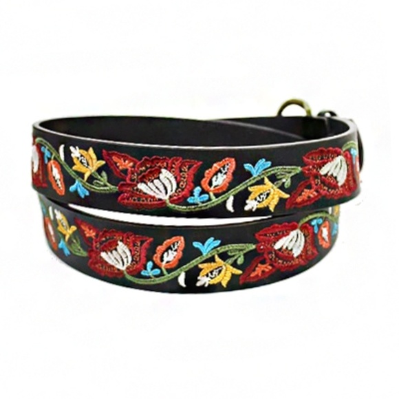 Leather Boho Belt With Colorful Floral Embroidery